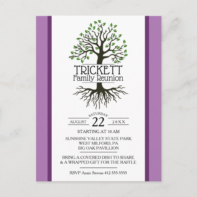 Postal De Invitación Reunión de familia de árboles de Lavender (Anverso)