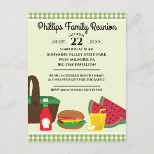 Postal De Invitación Reunión de familia de picnic sobre el mantel verde