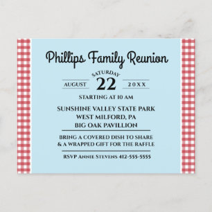 Postal De Invitación Reunión de la familia azul del mantel rojo y blanc