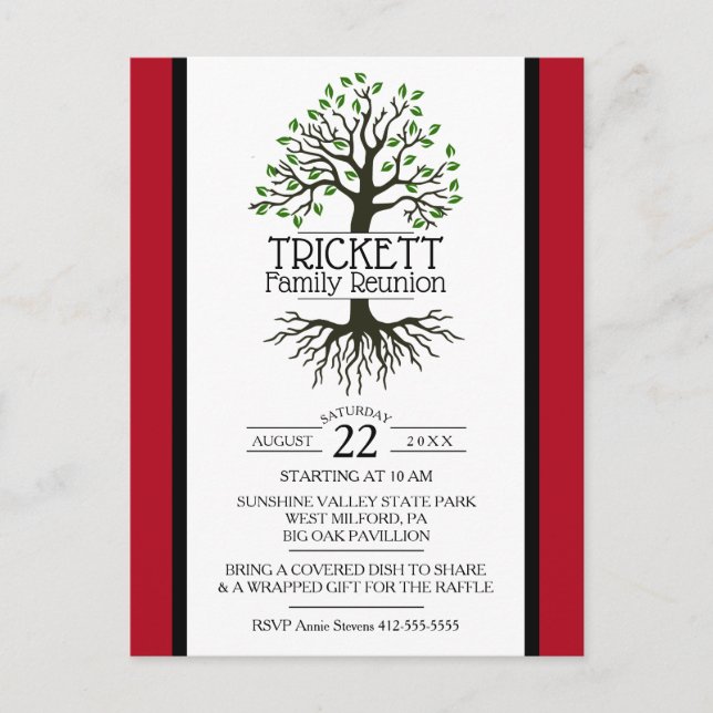 Postal De Invitación Reunión familiar de árbol de familia roja oscura (Anverso)