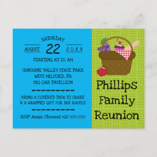Postal De Invitación Reunión familiar de cestas de picnic azules y verd