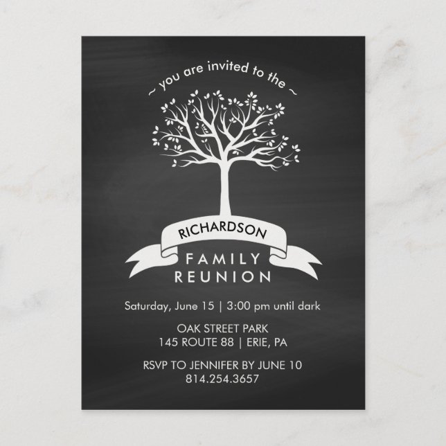 Postal De Invitación Reunión familiar de moda de Chalkboard con árbol (Anverso)