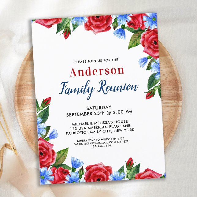Postal De Invitación Reunión patriótica floral de la familia azul blanc (Subido por el creador)