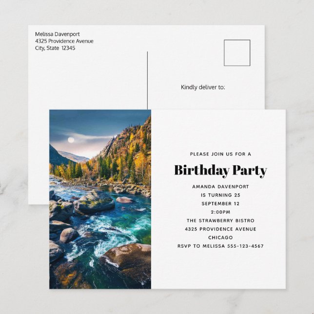 Postal De Invitación Río y montañas Fotografía cumpleaños (Anverso / Reverso)