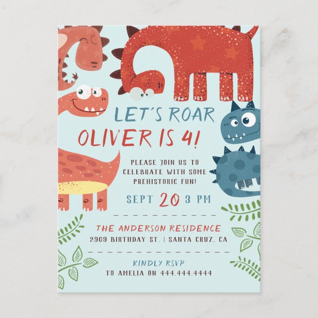 Postal De Invitación Roar Dino, fiesta de cumpleaños de los niños (Anverso)