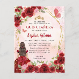 Postal De Invitación Rojo Borgoña Glam Gold Floral Princesa Quinceañera
