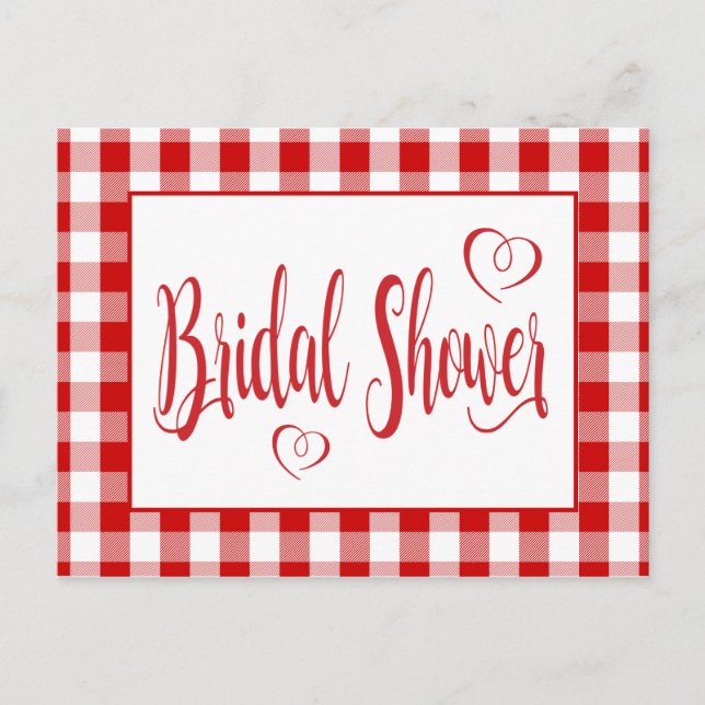 Postal De Invitación Rojo del país Gingham Plaid Bridal Shower (Anverso)