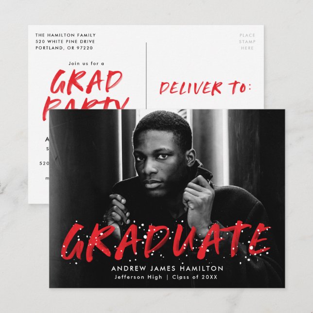 Postal De Invitación Rojo | Moderna fiesta de graduación fotográfica co (Anverso / Reverso)