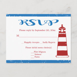 Postal De Invitación Rojo Náutico Faro Azul RSVP Boda / Fiesta