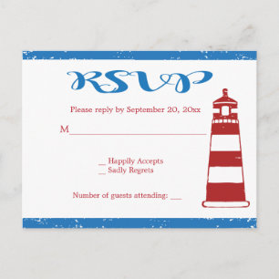 Postal De Invitación Rojo Náutico Faro Azul RSVP Boda / Fiesta