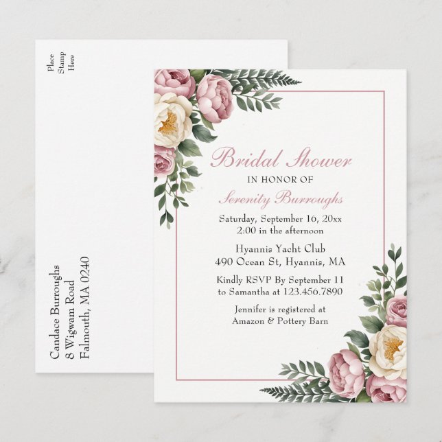 Postal De Invitación Romántico Jardín Floral Peony & Rosa Bridal Shower (Anverso / Reverso)