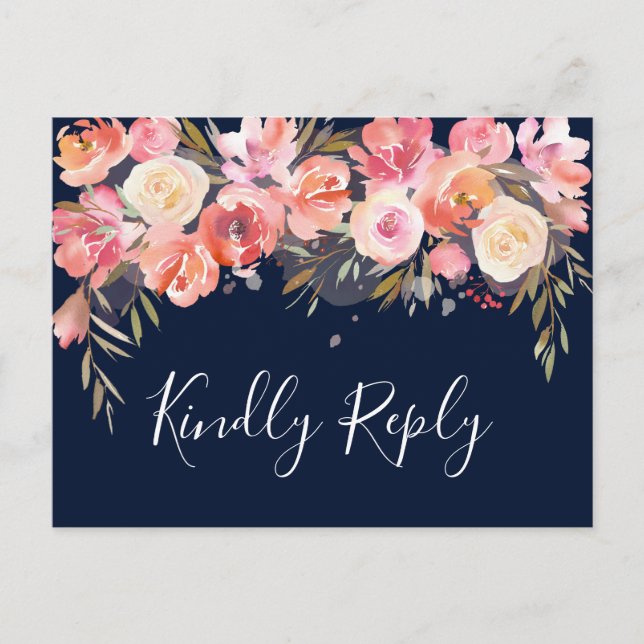 Postal De Invitación Romántico Rubor Bloom Floral Wedding RSVP | Azul M (Anverso)