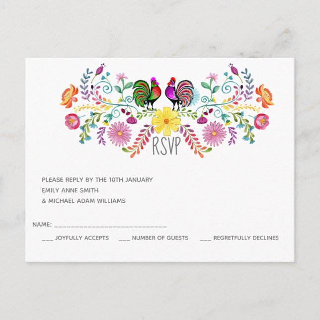 Postal De Invitación Rooster de Flores de Arte Popular RSVP (Anverso)