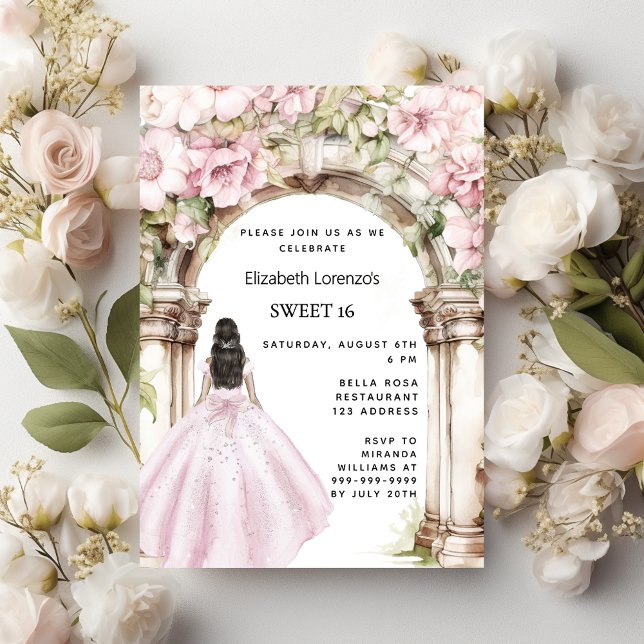 Postal De Invitación Ropa de arco de flores rosadas Dulce 16 (Subido por el creador)