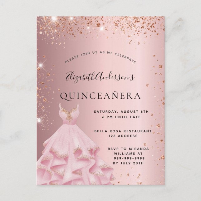 Postal De Invitación Ropa de oro rosa rosa rosado de Quinceanera (Anverso)