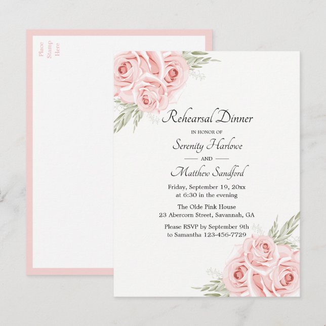 Postal De Invitación Rosa acuarela Rubor Ensayo de flores rosadas Cena (Anverso / Reverso)