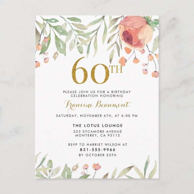 Postal De Invitación Rosa acuarela y guión elegante 60 cumpleaños (Anverso)