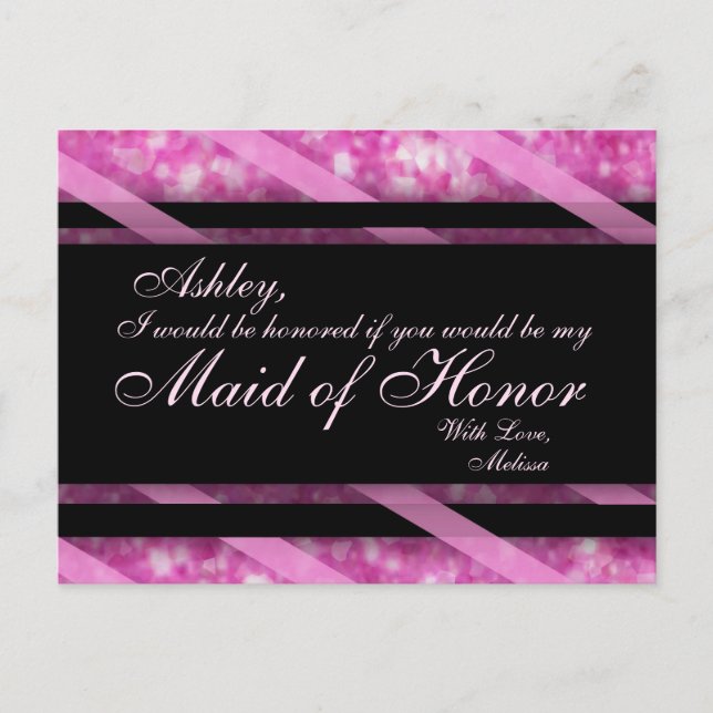 Postal De Invitación Rosa caliente, negro | Maid of Honor (Anverso)