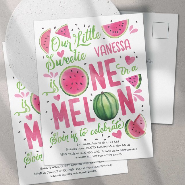 Postal De Invitación Rosa caliente uno en melón, sandía dulce primero (Summer Cute Pink Watercolor One In a Melon, Watercolor Themed Girl 1st Birthday Postcard Invites.)