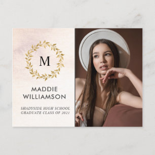 Postal De Invitación Rosa de color de agua Laurel de oro Foto Fiesta de