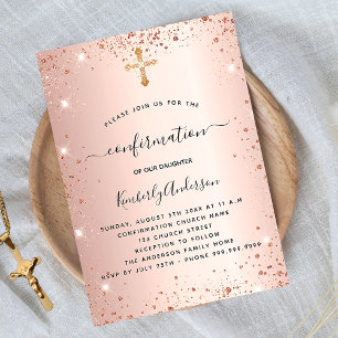 Postal De Invitación Rosa de confirmación color rosa dorado