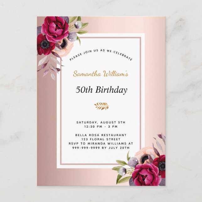 Postal De Invitación Rosa de cumpleaños oro burgundy floral (Anverso)