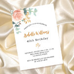 Postal De Invitación Rosa de cumpleaños oro eucalipto floral vegetación<br><div class="desc">Una elegante invitación para una fiesta de cumpleaños número 40 (o cualquier edad). Un fondo blanco moda. Decorada con una flor rosa de color oro rosa y rosa y rosa, con hojas de eucalipto verdes, florales, verdes, escarabajos, vegetación y una falsa primavera dorada. Personalizar y el nombre y los detalles...</div>