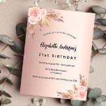 Postal De Invitación Rosa de cumpleaños oro pampas césped floral boho<br><div class="desc">Para una moderna fiesta de cumpleaños 21 (o de cualquier edad) al estilo boho. Un fondo dorado rosa. Decorada con rosa de oro y flores rosadas,  rosas y pampas. Personalice y agregue un nombre y detalles del fiesta.</div>