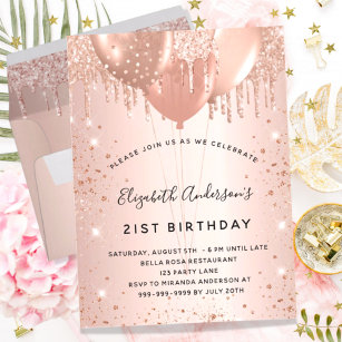 Postal De Invitación Rosa de cumpleaños purpurina oro lanza globos