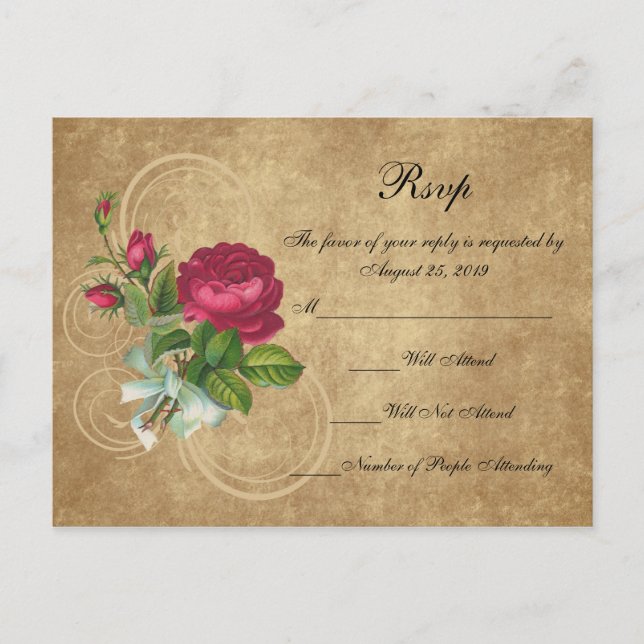 Postal De Invitación Rosa de época elegante, magenta/marrón (Anverso)