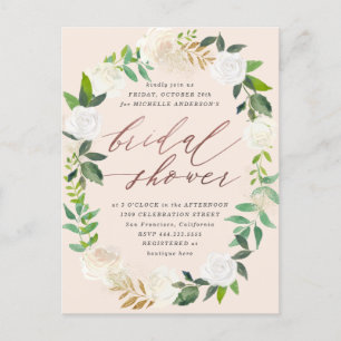 Postal De Invitación Rosa de flores y flores de la corona de oro