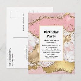Postal De Invitación Rosa de lujo Gold Pink Marble Design Cumpleaños
