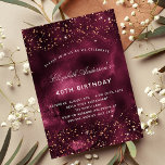 Postal De Invitación Rosa de oro de burgundy de cumpleaños elegante<br><div class="desc">Para una elegante fiesta de cumpleaños número 40 (o cualquier edad). Un batiburrillo en el fondo. Decorada con purpurinas falsos de oro rosa,  chispas. Personalice y agregue un nombre y detalles del fiesta. El nombre se escribe con un guión de estilo con letras a mano</div>