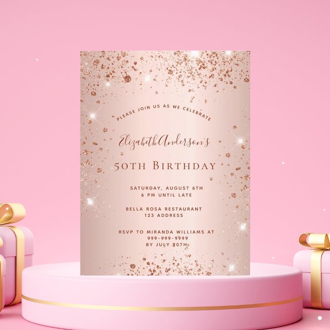 Postal De Invitación Rosa de oro de la fiesta de cumpleaños (Subido por el creador)