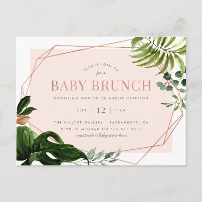 Postal De Invitación Rosa de oro Geométrico Greenery Baby Brunch (Anverso)