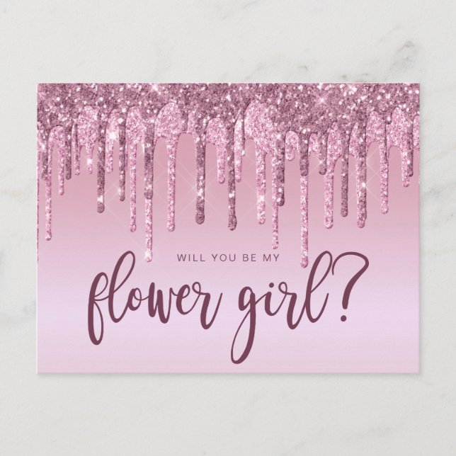 Postal De Invitación Rosa de oro purpurina goteará usted será mi chica  (Anverso)