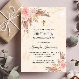 Postal De Invitación Rosa de pasto de Pampas ruge primera comunión sant