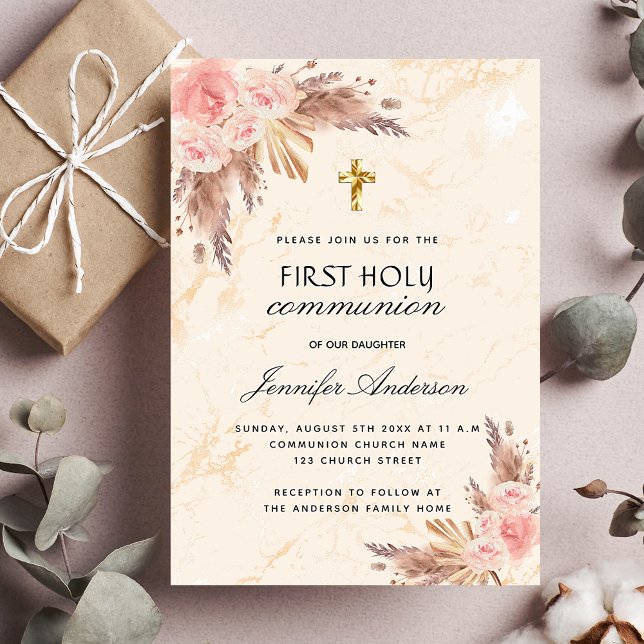 Postal De Invitación Rosa de pasto de Pampas ruge primera comunión sant (Subido por el creador)