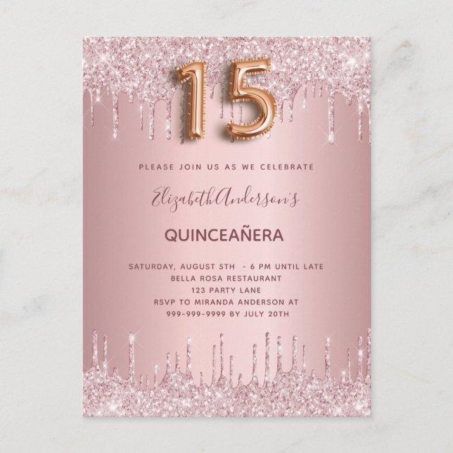 Postal De Invitación Rosa de Quinceanera polvoriento purpurina gotea lu (Anverso)