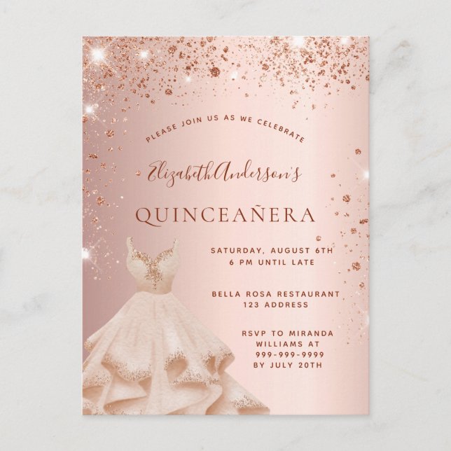 Postal De Invitación Rosa de Quinceanera purpurina chispeante (Anverso)