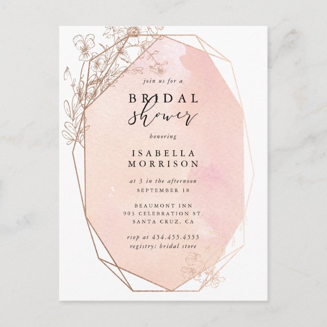 Postal De Invitación Rosa Dorada Geométrica Floral Bridal Shower (Anverso)