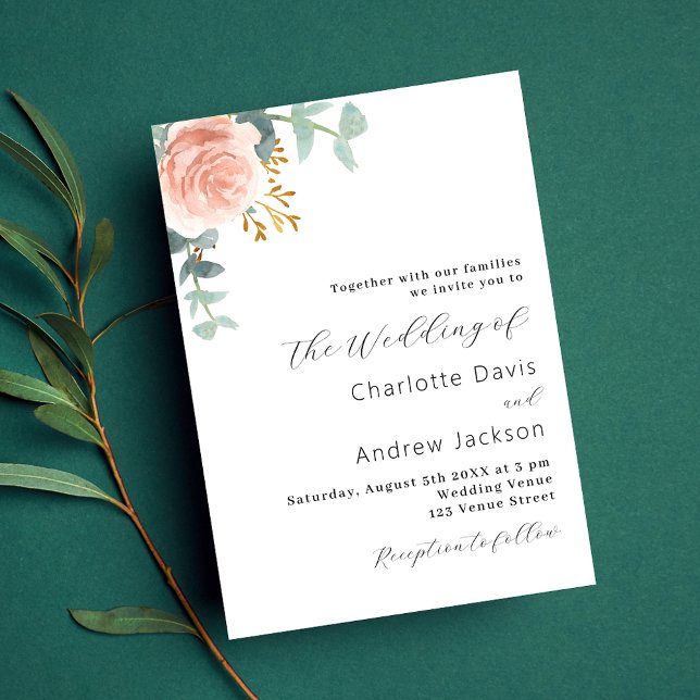 Postal De Invitación Rosa dorado florido vegetación boda moderno (Subido por el creador)