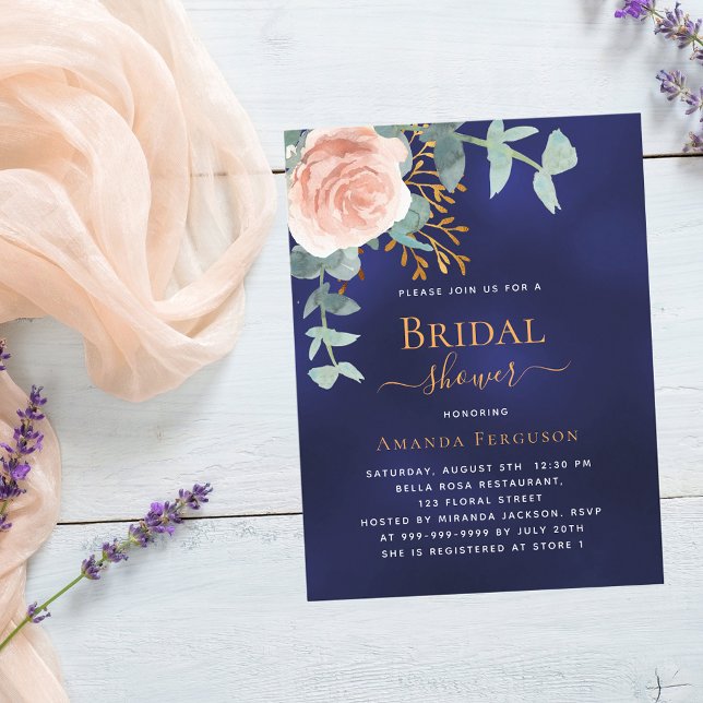 Postal De Invitación Rosa dorado verde azul marino Bridal Shower (Subido por el creador)