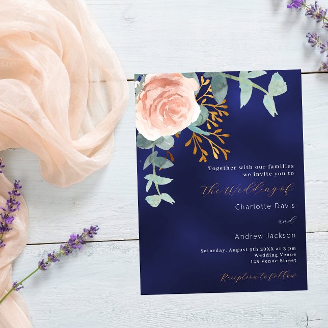 Postal De Invitación Rosa dorado verde boda azul marino (Subido por el creador)