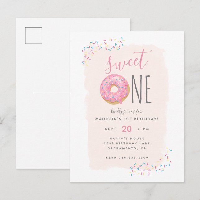 Postal De Invitación Rosa | Dulce de anillos rosados Dulce primer cumpl (Anverso / Reverso)