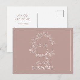 Postal De Invitación Rosa Dusty Escudo Leafy Boda Monograma RSVP