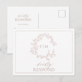 Postal De Invitación Rosa Dusty Escudo Leafy Boda Monograma RSVP