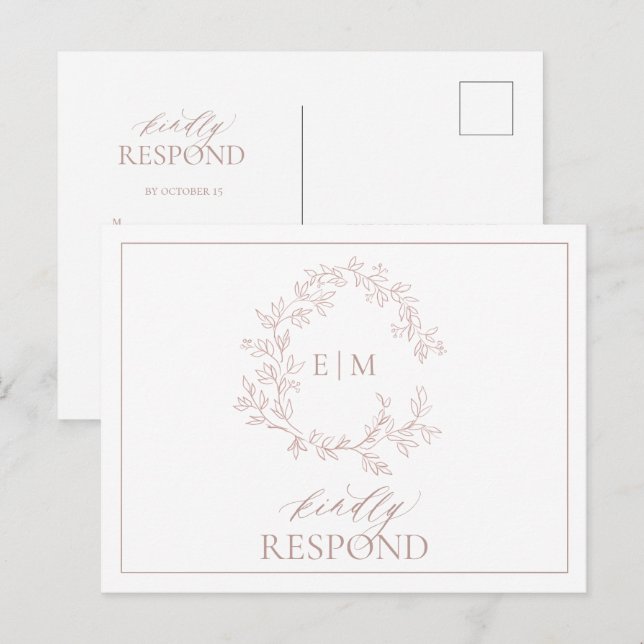 Postal De Invitación Rosa Dusty Escudo Leafy Boda Monograma RSVP (Anverso / Reverso)