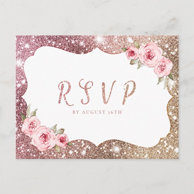 Postal De Invitación Rosa espumoso purpurina de oro boda floral RSVP (Anverso)