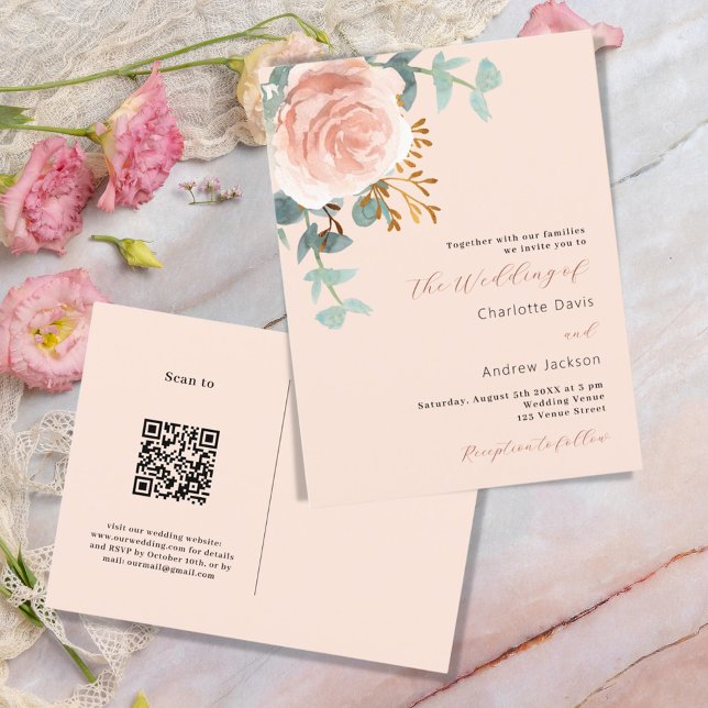 Postal De Invitación Rosa florales de oro verde melocotón QR RSVP boda (Subido por el creador)